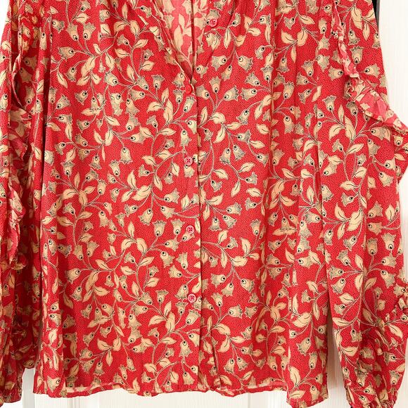 Who What Wear Red Floral High Neck Blouse Ruffle Trim Women’s Size Medium EUC - Picture 7 of 7